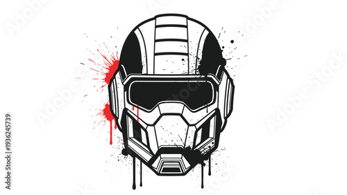 Futuristic combat helmet illustration in black and white with dramatic red paint splatters and ink drips on a plain white background.