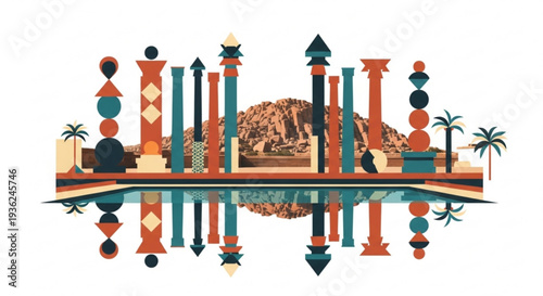 Vibrant desert oasis scene with colorful pillars and palm trees reflected in calm water serene landscape