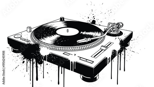 Detailed black and white illustration of a dj turntable with artistic ink splatters and drips symbolizing urban music culture and creativity.