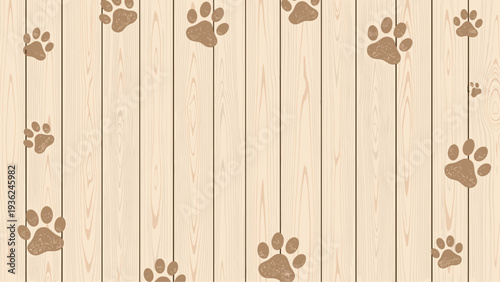Rustic light wood plank background decorated with scattered brown animal paw prints creating a charming and natural pet-friendly atmosphere.