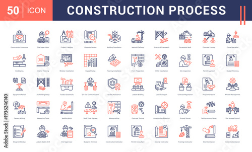 Construction Process Icon Set. Construction Contractor, Site Supervision, Project Planning, Blueprint Review, Building Foundation and more. Line Dual Tone style vector icons collection.