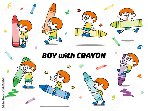 クレヨンをもった男の子のイラストセット（ベクター）