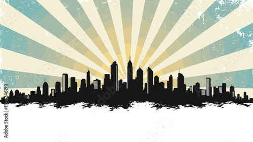 Urban city skyline silhouette set against a vintage sunburst background with distressed textures and a retro color palette of teal and tan.