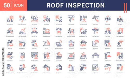 Roof Inspection Icon Set. Roof Inspection, Roof Leak Detection, Roof Cleaning, Roof Sealant, Roof Ventilation and more. Line Dual Tone style vector icons collection.