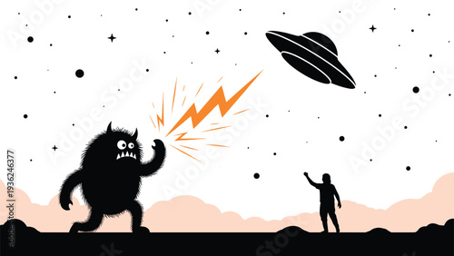 Black silhouette of a monster and a person under a UFO in a starry sky, representing a sci-fi encounter in a minimalist style.