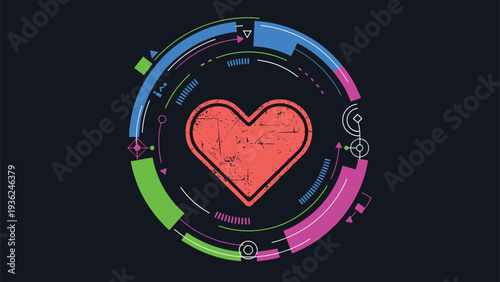 Heart icon centered within a futuristic neon-colored circular digital user interface on a dark background for tech concepts.