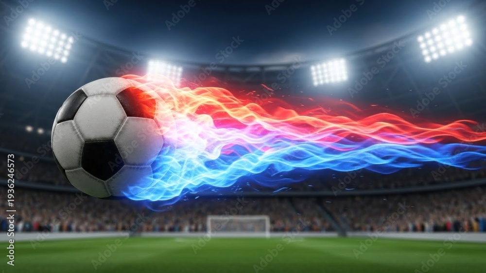 Naklejka premium A soccer ball with a fiery trail against a stadium backdrop.