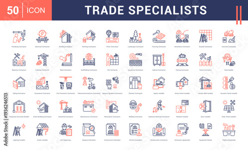 Trade Specialists Icon Set. Plumbing Contractor, Electrical Contractor, Roofing Contractor, Painting Contractor, HVAC Contractor and more. Line Dual Tone style vector icons collection.