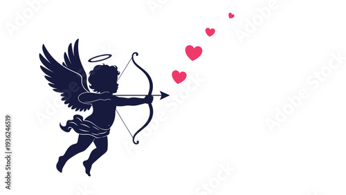 Silhouette of a cherub angel shooting an arrow with pink hearts trailing in the air, representing love and Valentine's Day themes.