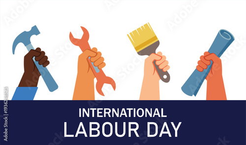 Celebrate May 1 International Labour Day with a diverse team of raised hands holding various work tools representing global workforce unity professional collaboration and multi industry trade teamwork