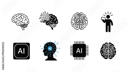Assortment of black and blue icons related to artificial intelligence, brain function, and advanced computing on a white background.