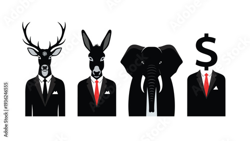Creative illustration of four figures in business suits with animal heads and a dollar sign head, representing diverse corporate roles.