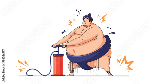 Humorous illustration of a large sumo wrestler using a red manual air pump to inflate himself, shown with energetic yellow sparks.
