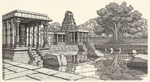 Ancient hindu temple complex with stone structures and serene water feature surrounded by trees