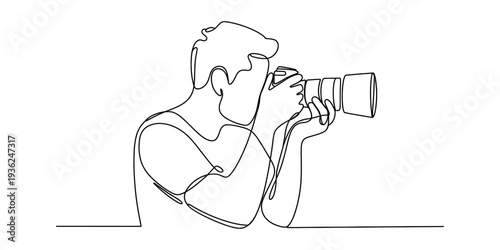 A continuous line art illustration showing a photographer taking a picture with a dslr camera Vector, illustration