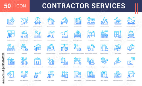 Contractor Services Icon Set. Construction Contractor, Plumbing Contractor, Electrical Contractor, Roofing Contractor, Painting Contractor and more. Line Gradient style vector icons collection.