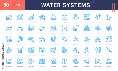 Water Systems Icon Set. Water Pipe, Leak Detection, Water Heater, Water Meter, Water Pump and more. Line Gradient style vector icons collection.