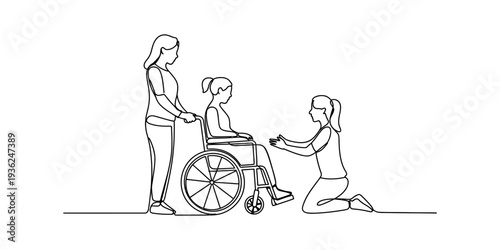 A continuous line art illustration showing a caregiver pushing a person in a wheelchair while another person kneels in front of them. Vector, illustration