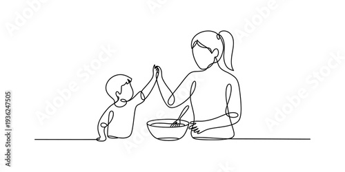 A continuous line drawing of a mother and son high-fiving while cooking together in the kitchen Vector, illustration