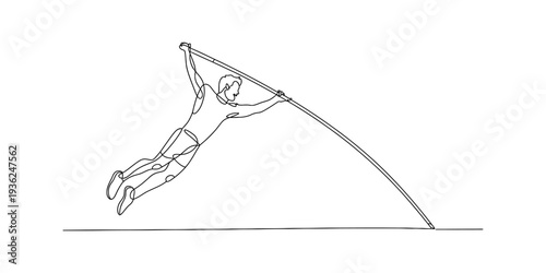 A simple, black and white line drawing illustrates an athlete in mid-air during a pole vaulting attempt. Vector, illustration