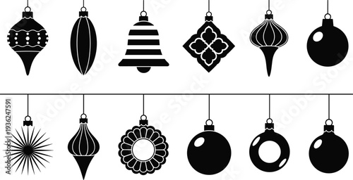 Christmas ornament silhouette vector illustration, festive holiday decorations including baubles, bells, stars, geometric designs for art, logo, tattoo