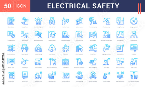 Electrical Safety Icon Set. Circuit Breaker, Voltage Tester, Electrical Safety Gear, Multimeter Tool, Insulated Tools and more. Line Gradient style vector icons collection.