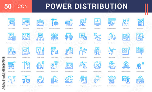 Power Distribution Icon Set. Circuit Breaker, Electric Panel, Control Panel, Transformer Installation, Solar Panel Wiring and more. Line Gradient style vector icons collection.