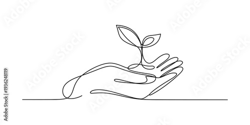Minimalist single line art illustration of a hand gently cupping a tiny seedling for nature. Vector, illustration