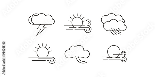 Collection of six minimalist black and white weather icons representing various atmospheric conditions Vector, illustration
