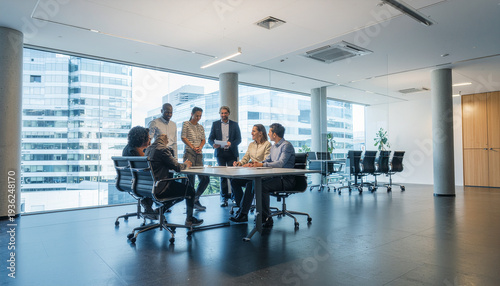 Business team meeting in a modern office with large windows and city views