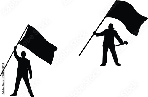 Two black silhouettes of people standing and holding large waving flags representing victory leadership and social activism movements