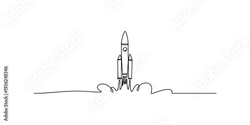 Continuous line drawing of a rocket taking off with smoke clouds at the base on white background Vector, illustration