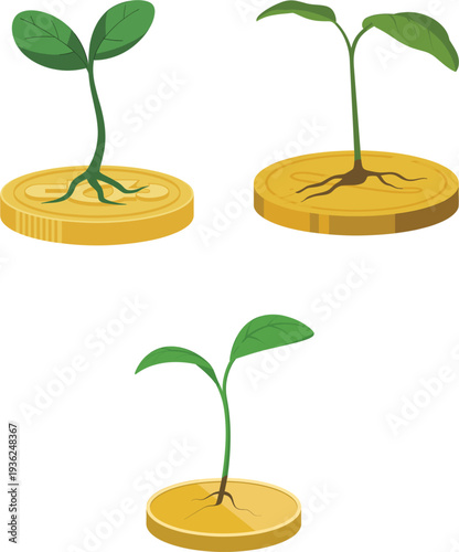 Vector illustration of green plant seedlings growing from gold coins for financial growth investment and wealth prosperity concept