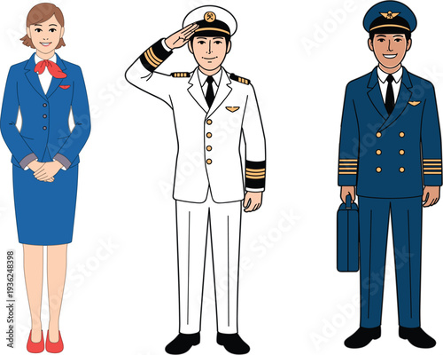 Vector illustration set of professional airline crew characters including a female flight attendant and two male pilots isolated on white