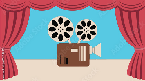 Vintage movie projector on theater stage with red curtains for cinema premiere film screening and entertainment industry concept