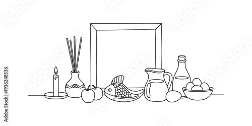 Simple black and white line art illustration of a still life composition with various kitchen items. Vector, illustration
