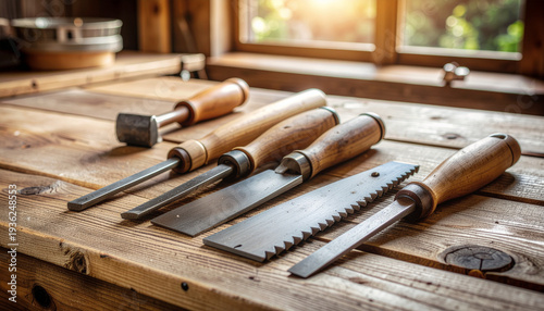 Close up of carpentry tools on a wooden workbench illuminated by sunlight