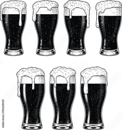 Vintage Hand Drawn Beer Glass Vector Set with Dark Stout and Frothy Foam for Bar Pub and Brewery Menu Design
