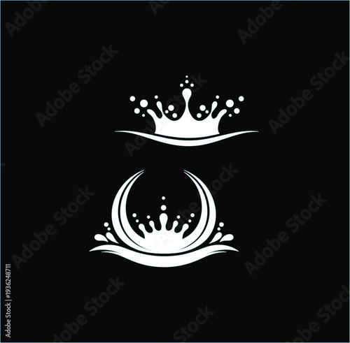 White water splash crown icons with liquid drop elements isolated on black background for laundry detergent or mineral water branding design