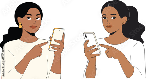 Young African American woman character holding a smartphone and pointing at the screen for mobile app promotion and digital technology communication concept flat vector illustration