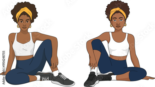 Young African American woman in fitness wear sitting on the floor and relaxing after a workout for health, wellness, and active lifestyle concept flat vector illustration