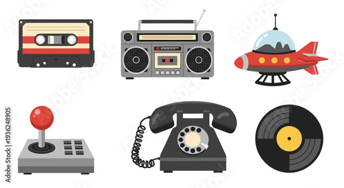 Retro Cassette Tape, Boombox, Rocket, Joystick, Phone, Vinyl Record Vector Illustration
