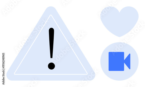 Safety protocols, video communication, media alerts, caution messages, digital security, and technology icons. A warning triangle and video icon beside a heart shape. Safety and video communication