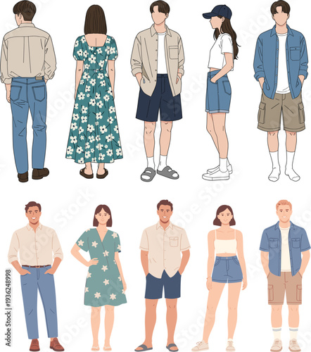 young men and women wearing casual summer fashion outfits like denim shorts floral dresses and button down shirts