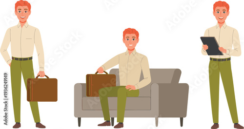 Young red haired businessman character set in three poses holding tablet sitting on sofa and carrying briefcase