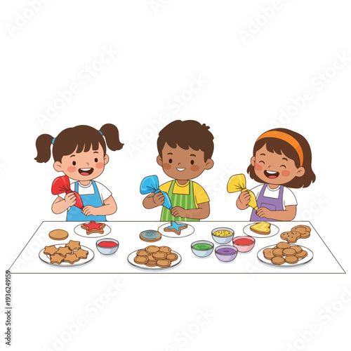 Three happy children wearing aprons are busy decorating various shaped cookies with colorful icing from piping bags at a white table.