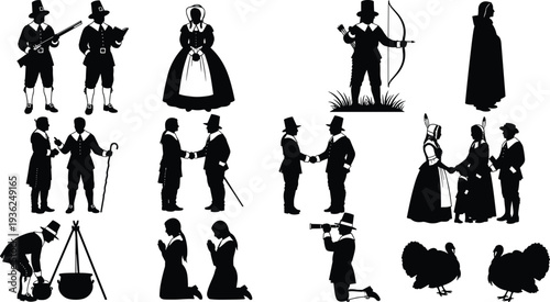 Colonial American pilgrims silhouettes with thanksgiving traditions, settlers praying, cooking, hunting, turkeys, family gathering, handshake, telescope, cultural heritage