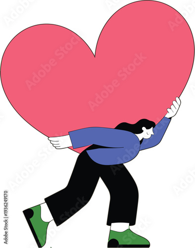 Young woman carrying a giant red heart on her back flat vector illustration for love burden relationship responsibility and emotional support concepts