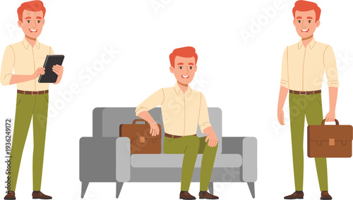 Young red haired businessman character set in three poses holding tablet sitting on sofa and carrying briefcase