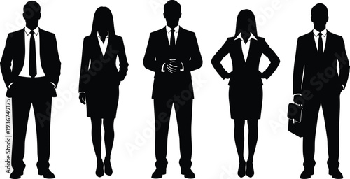 Professional Business Team Silhouettes in Formal Suits standing for Corporate Success, Leadership, Executive Management and Diverse Office Workforce Vector Illustration